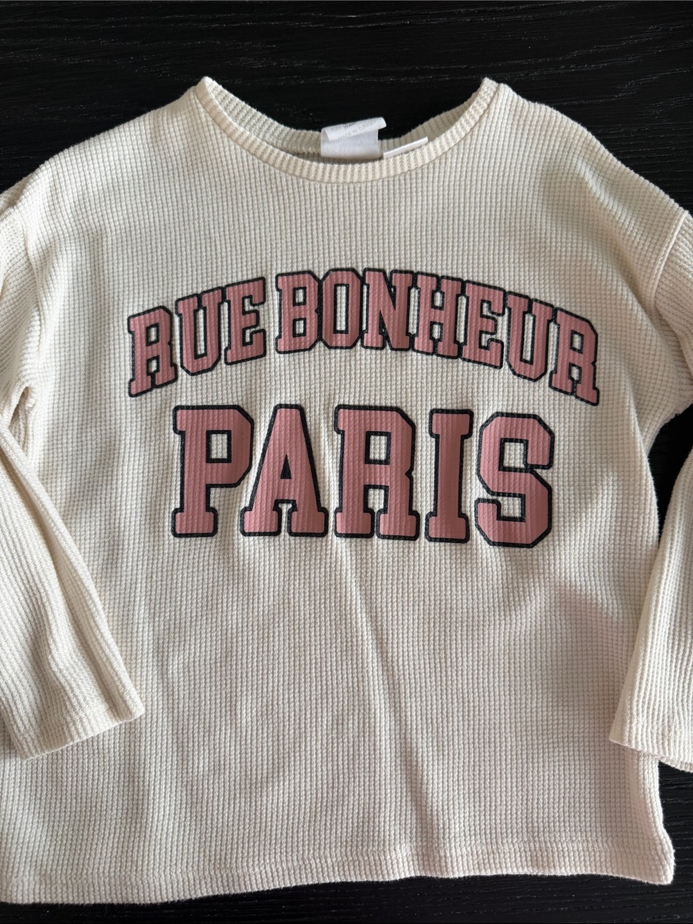 Zara Cream Long-Sleeve Waffle Knit Tee with Pink 'Rue Bonheur Paris' Graphic